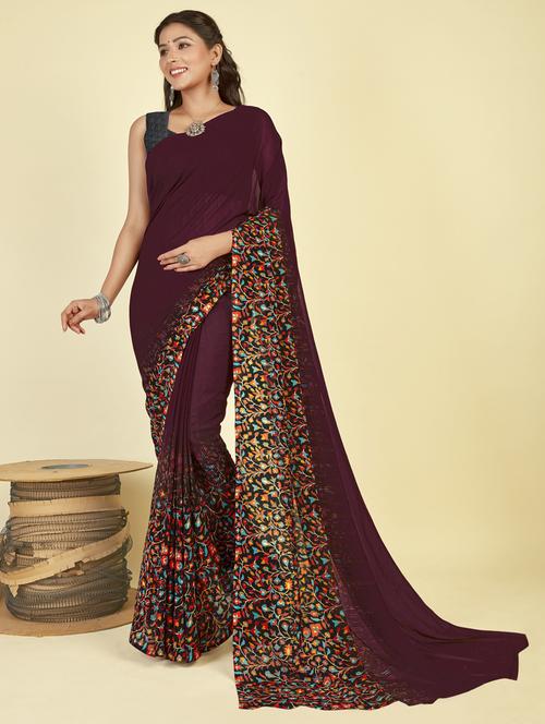 women burgundy printed georgette saree with blouse - 21413121 - Very Small Image - 1