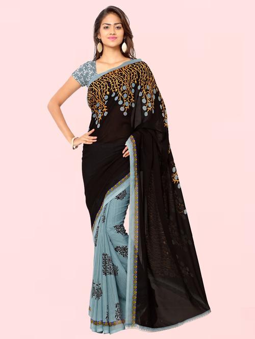 women purist blue printed georgette saree with blouse - 21413141 - Very Small Image - 1