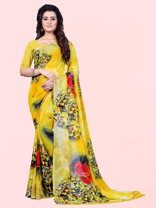 women yellow printed georgette saree with blouse - 21413223 - Very Small Image - 1