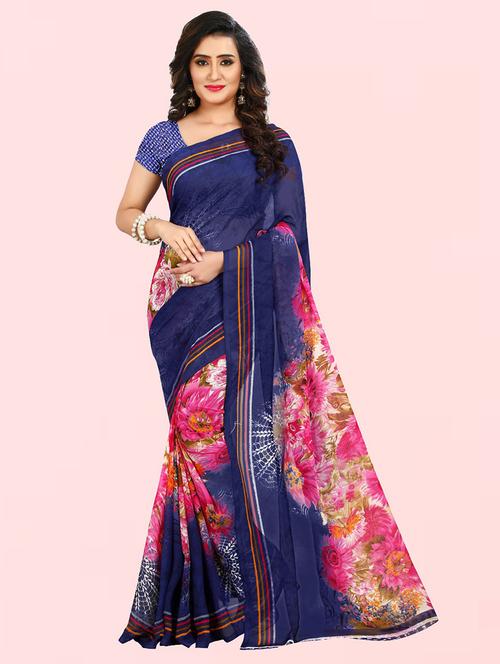 women blue floral printed saree with blouse - 21413336 - Very Small Image - 1