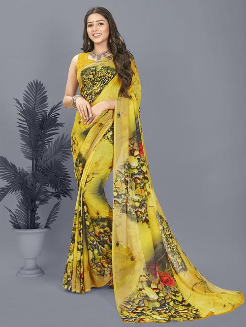 women yellow printed saree with blouse - 21413337 - Very Small Image - 1