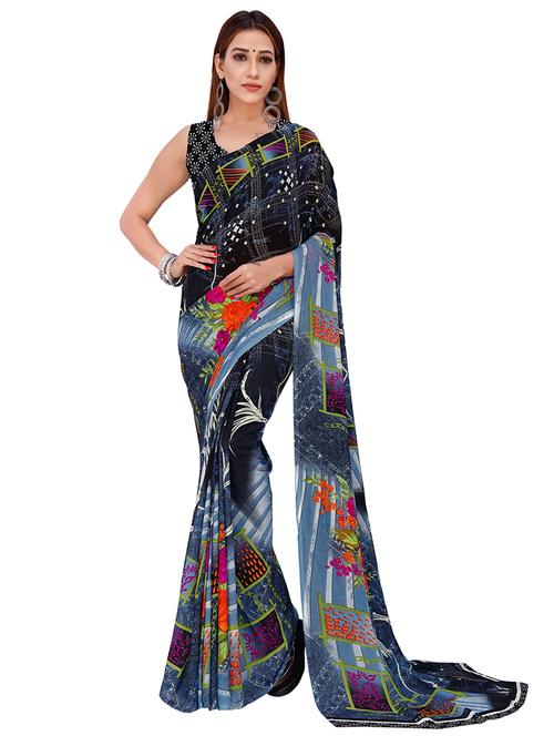 women grey printed georgette saree with blouse - 21413341 - Very Small Image - 1
