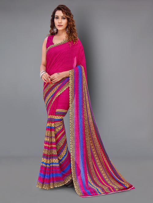pink stripes printed saree with blouse - 21413347 - Very Small Image - 1