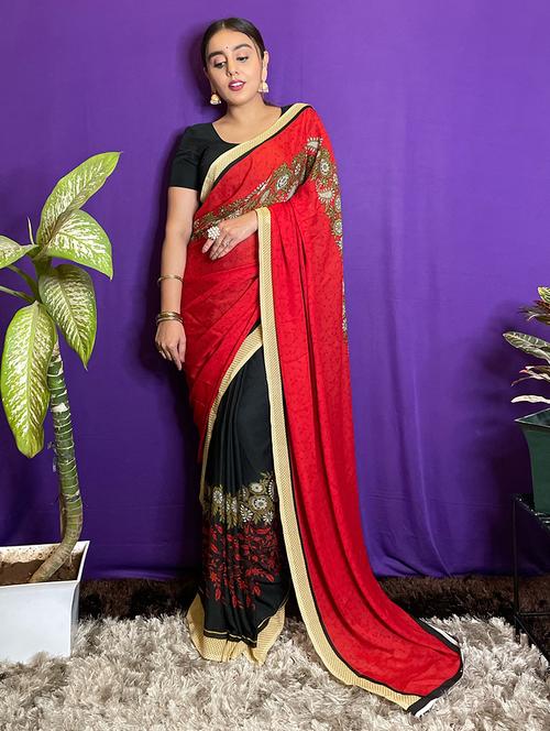 women black printed georgette saree with blouse - 21413397 - Very Small Image - 1