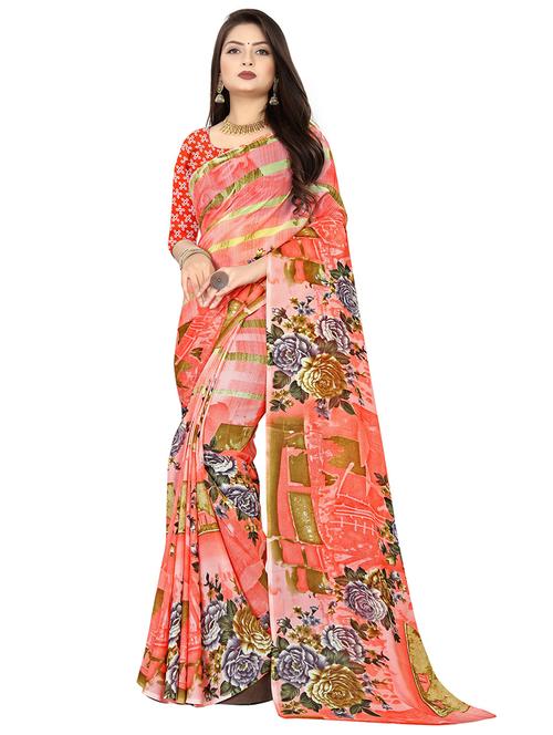 women orange floral printed saree with blouse - 21413401 - Very Small Image - 1