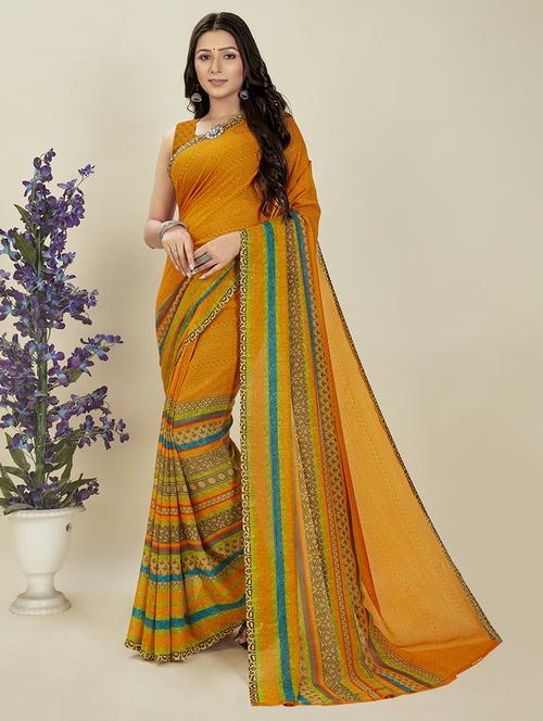 women mustard stripes printed saree with blouse - 21413418 - Very Small Image - 1