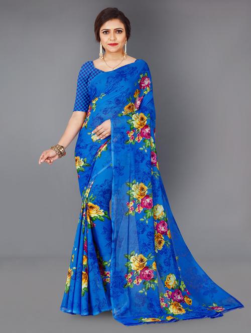 women blue printed saree with blouse - 21413444 - Very Small Image - 1