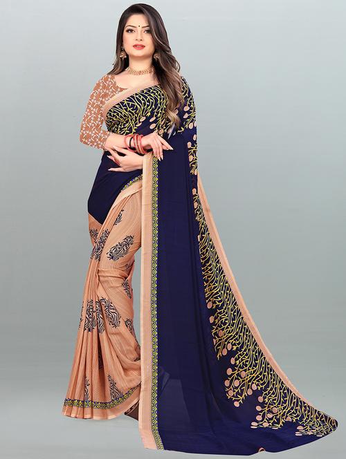 women navy blue printed saree  with blouse - 21413455 - Very Small Image - 1