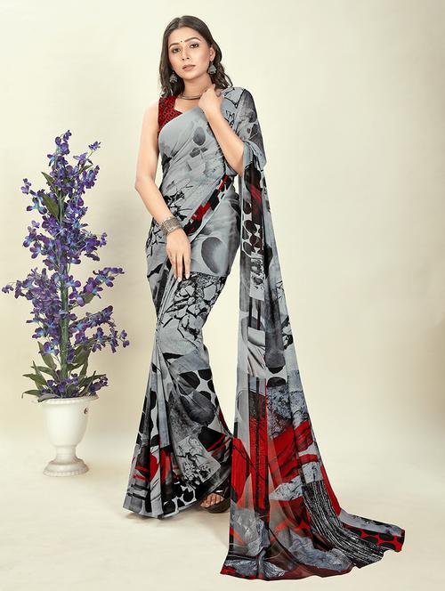 women green printed georgette saree with blouse - 21413462 - Very Small Image - 1