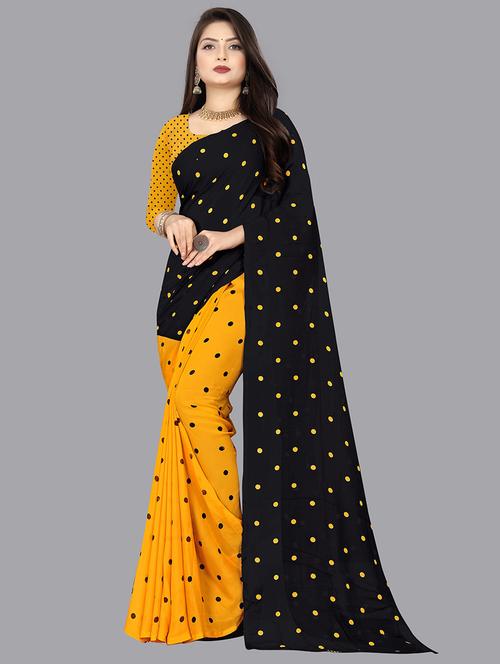 women yellow polka dots printed saree with blouse - 21413489 - Very Small Image - 1