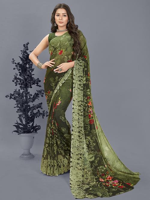 women green floral printed saree with blouse - 21413666 - Very Small Image - 1