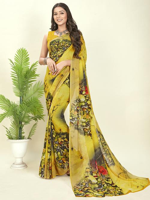women yellow printed georgette saree with blouse - 21413677 - Very Small Image - 1