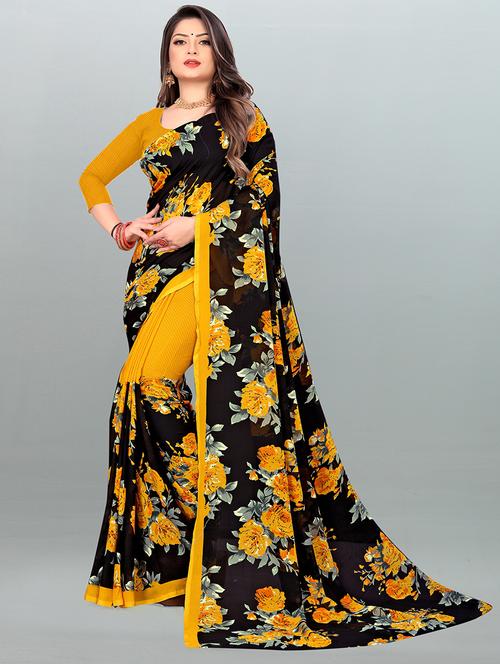 women yellow floral printed saree with blouse - 21413688 - Very Small Image - 1