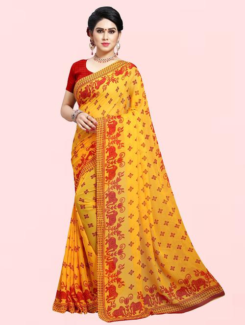 women yellow printed georgette saree with blouse - 21413783 - Very Small Image - 1
