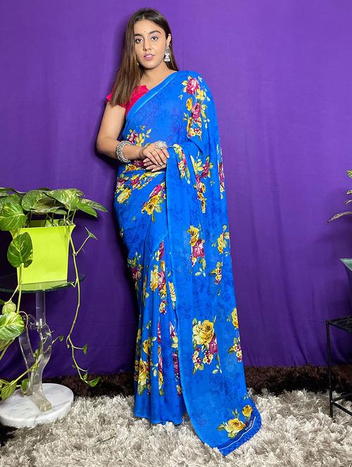 women light blue floral printed saree with blouse - 21413819 - Very Small Image - 1