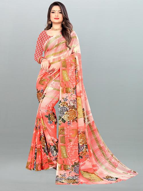 floral printed saree with blouse - 21414007 - Very Small Image - 1