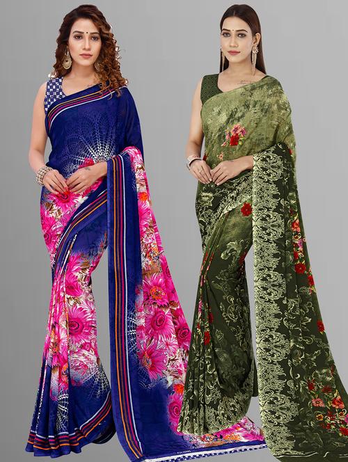pack of 2 printed casual wear sarees with blouse - 21414137 - Very Small Image - 1