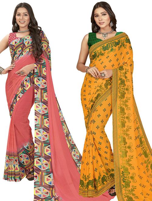 pack of 2 printed casual wear sarees with blouse - 21415028 - Very Small Image - 1