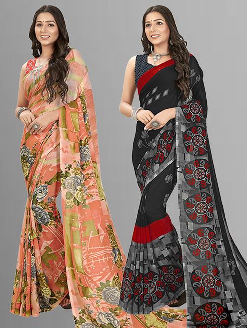 pack of 2 printed casual wear sarees with blouse - 21415410 - Very Small Image - 1