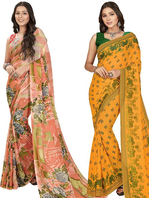 pack of 2 printed sarees with blouse - 21415499 - Very Small Image - 1