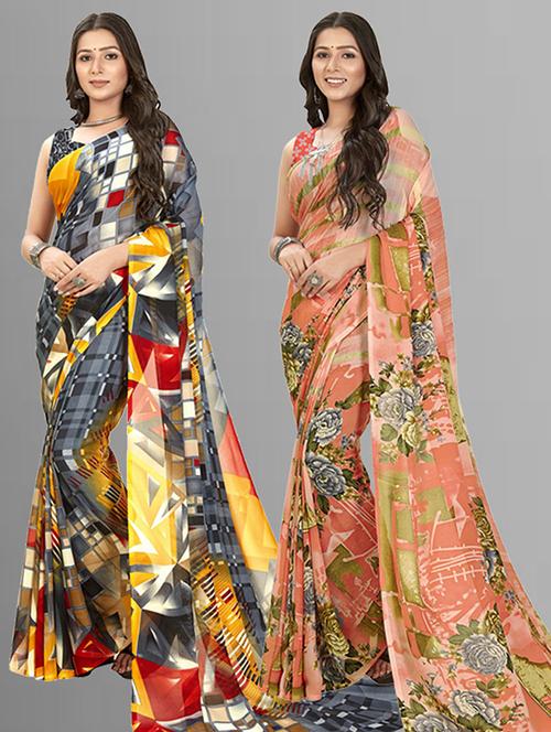 pack of 2 printed sarees with blouse - 21415567 - Very Small Image - 1