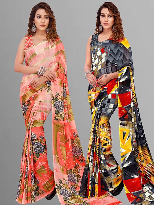 pack of 2 printed casual wear sarees with blouse - 21415618 - Very Small Image - 1