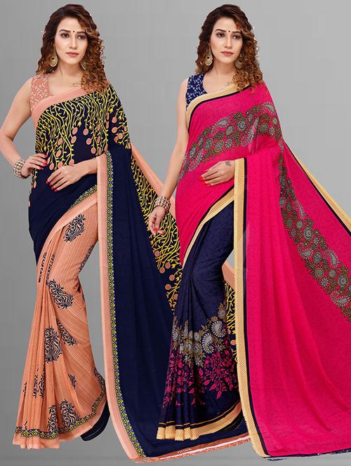 pack of 2 printed casual wear sarees with blouse - 21415666 - Very Small Image - 1