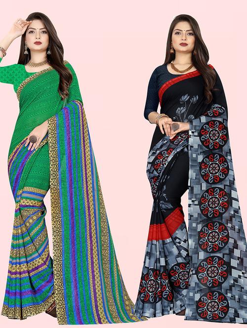 pack of 2 printed casual wear sarees with blouse - 21415685 - Very Small Image - 1