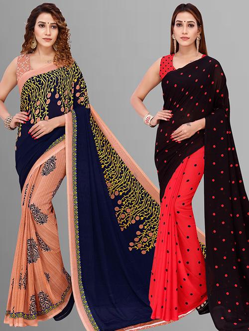 pack of 2 printed casual wear sarees with blouse - 21415844 - Very Small Image - 1