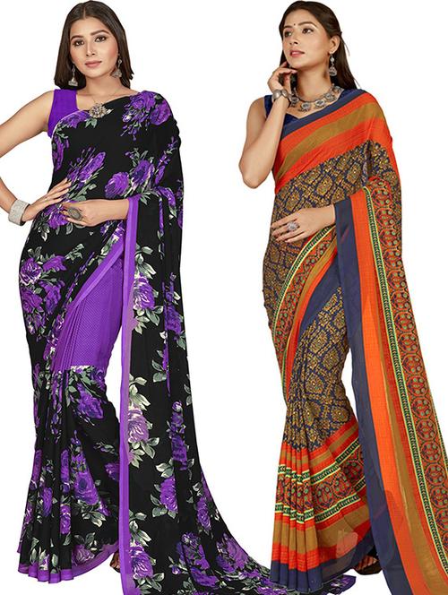 pack of 2 printed casual wear sarees with blouse - 21415864 - Very Small Image - 1