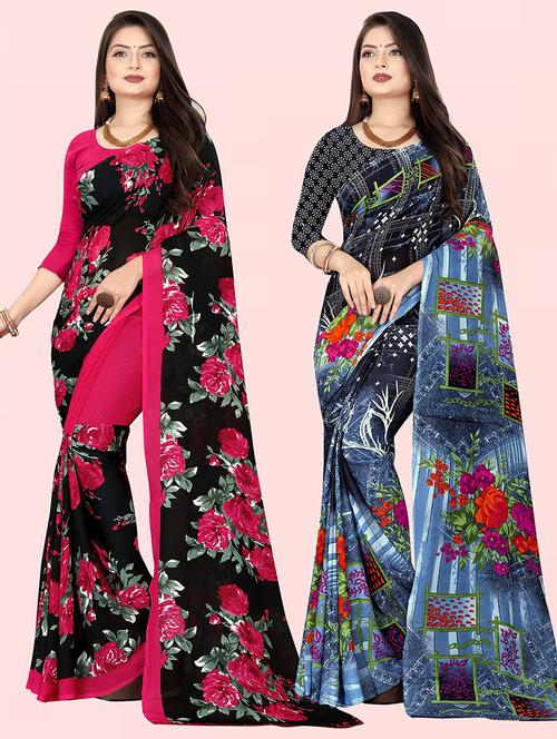 pack of 2 printed sarees with blouse - 21416076 - Very Small Image - 1