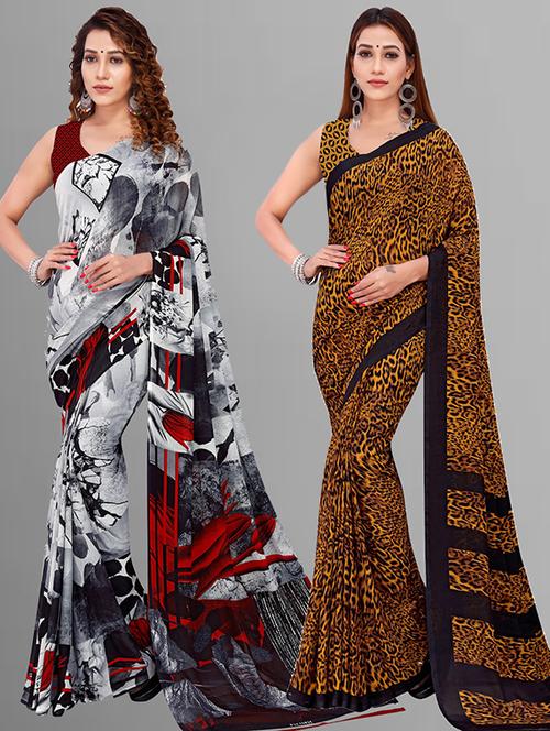 pack of 2 printed sarees with blouse - 21416122 - Very Small Image - 1