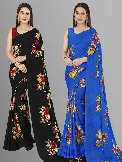 pack of 2 printed sarees with blouse - 21416384 - Very Small Image - 1