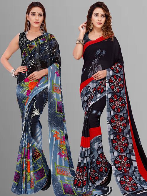 pack of 2 printed casual wear sarees with blouse - 21416590 - Very Small Image - 1