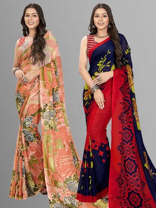 pack of 2 printed casual wear sarees with blouse - 21416618 - Very Small Image - 1