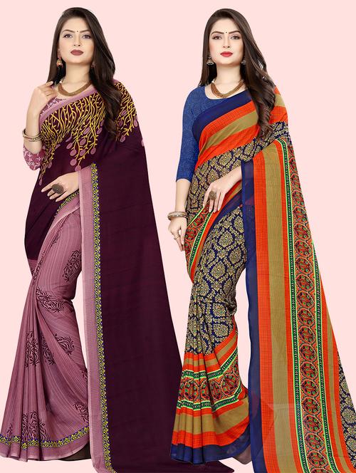 pack of 2 printed casual wear sarees with blouse - 21416654 - Very Small Image - 1