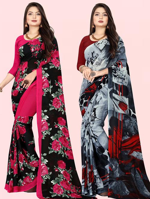 pack of 2 printed casual wear sarees with blouse - 21427256 - Very Small Image - 1