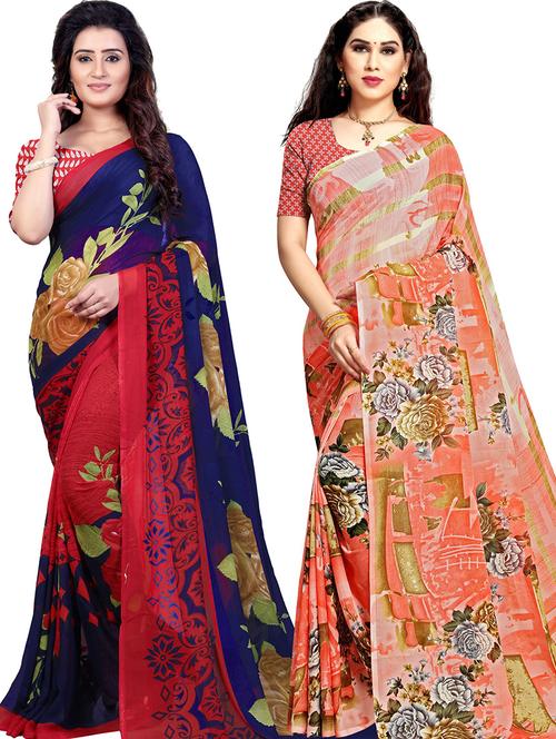 pack of 2 printed casual wear sarees with blouse - 21431518 - Very Small Image - 1