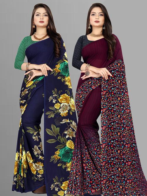 women combo pack of 2 printed saree with blouse - 21431531 - Very Small Image - 1
