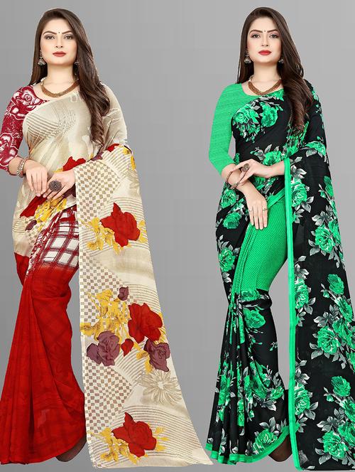 women combo pack of 2 floral printed saree with blouse - 21431535 - Very Small Image - 1
