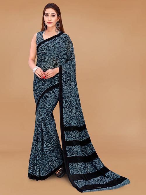 women teal animal printed saree with blouse - 21431684 - Very Small Image - 1
