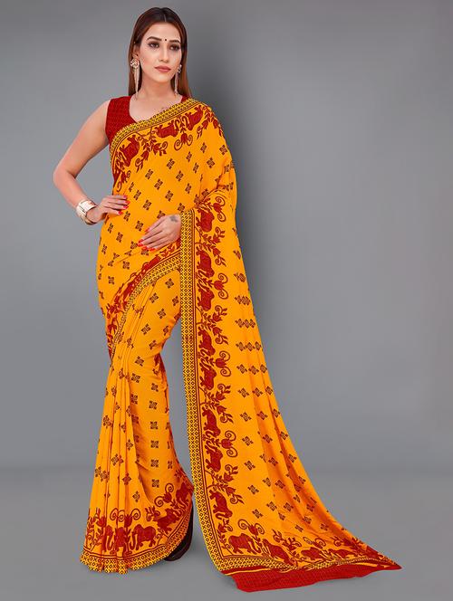 women yellow printed georgette saree with blouse - 21431715 - Very Small Image - 1