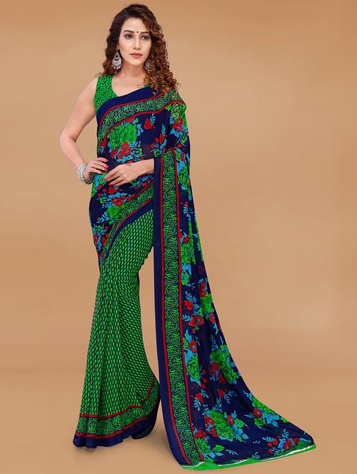 women green printed georgette saree with blouse - 21431734 - Very Small Image - 1