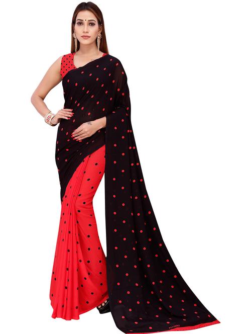 women red polka dots printed saree with blouse - 21431742 - Very Small Image - 1
