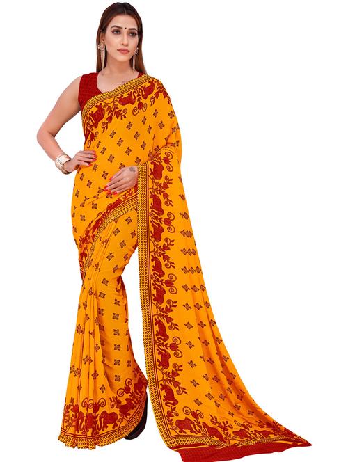women yellow printed georgette saree with blouse - 21431746 - Very Small Image - 1