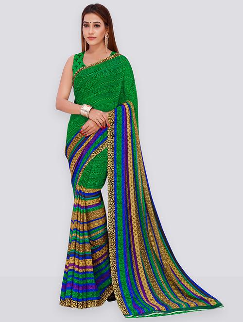 women green stripes printed saree with blouse - 21431748 - Very Small Image - 1