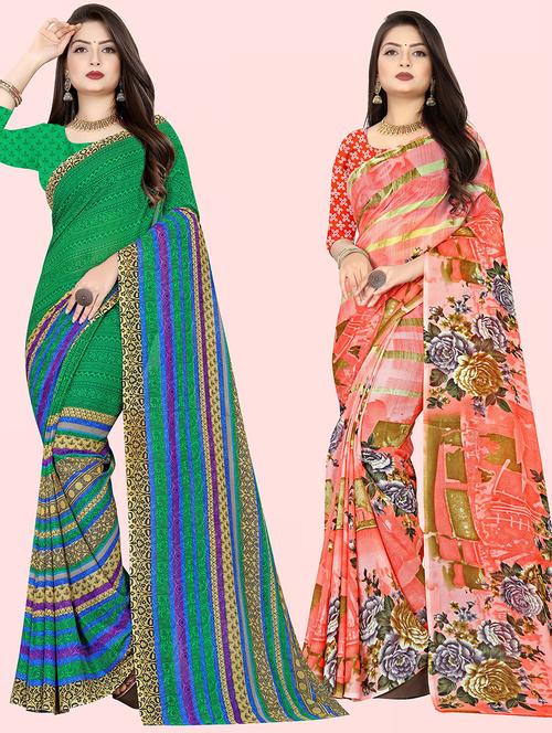 pack of 2 printed casual wear sarees with blouse - 21431844 - Very Small Image - 1