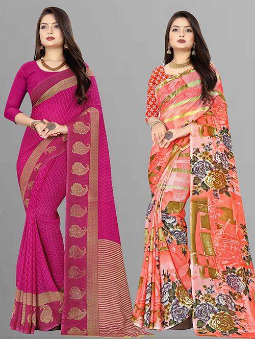 pack of 2 printed casual wear sarees with blouse - 21431970 - Very Small Image - 1