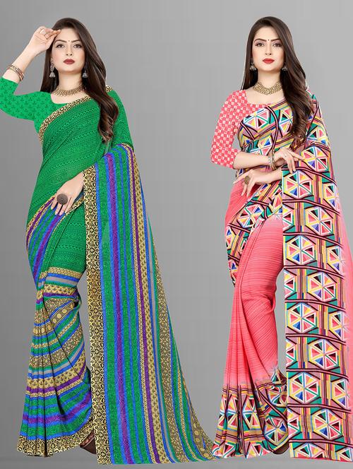 pack of 2 printed casual wear sarees with blouse - 21432051 - Very Small Image - 1