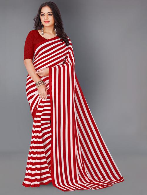 women red stripes printed saree with blouse - 21432079 - Very Small Image - 1